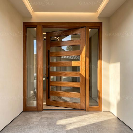 wood glass pivot front doors