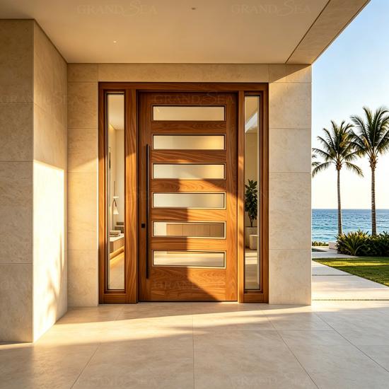 portes d'entrée pivotantes en bois et verre