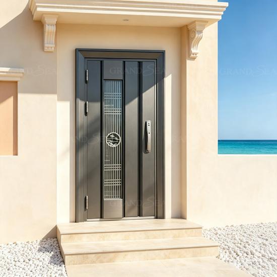 porte extérieure minimaliste en acier inoxydable